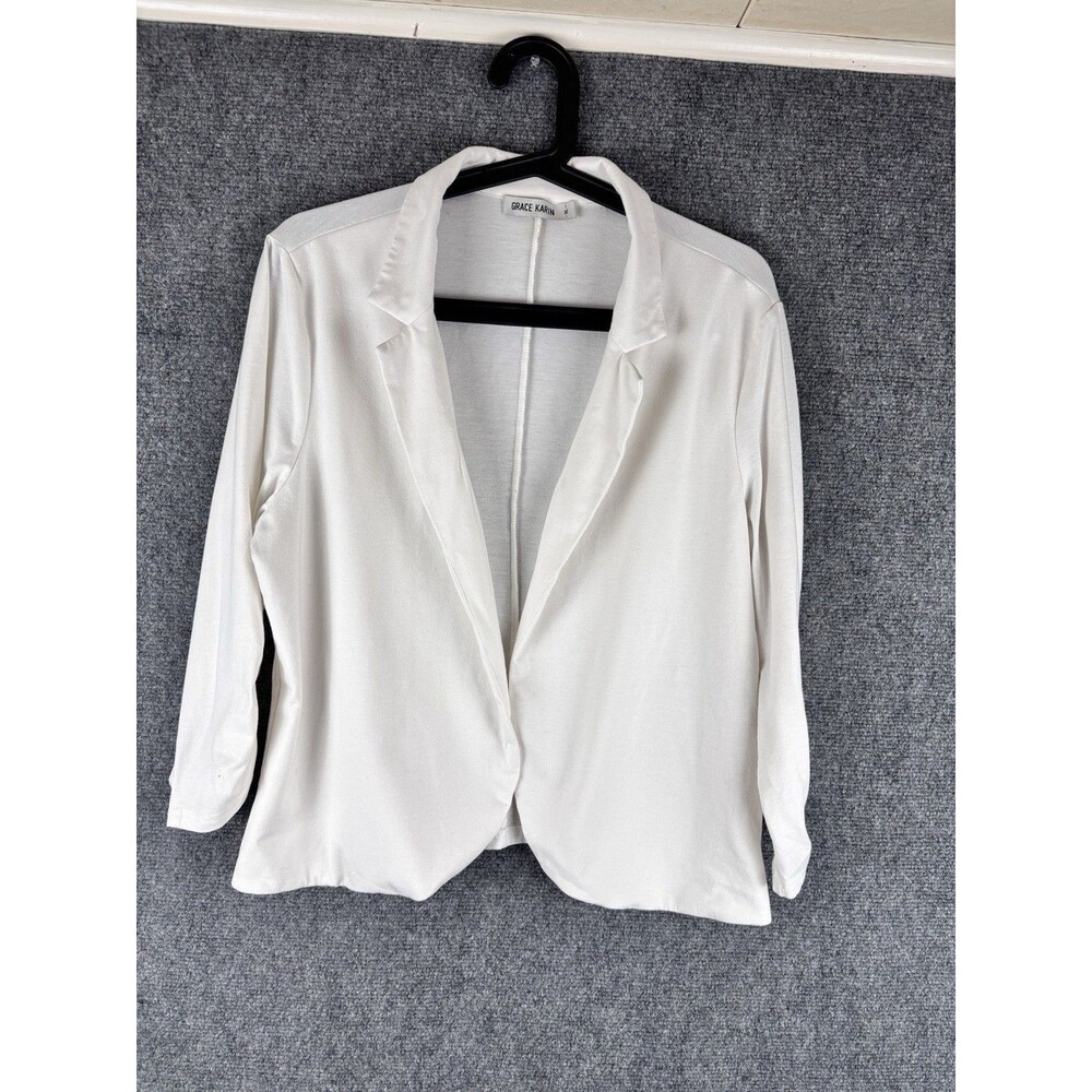 Grace Karin Blazer Womens XL Ivory White Knit Open Front 3/4 Sleeve *Flaw